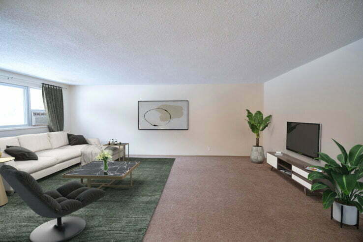 living area in a 1 bedroom unit at Guelph Gardens in Winnipeg, Manitoba