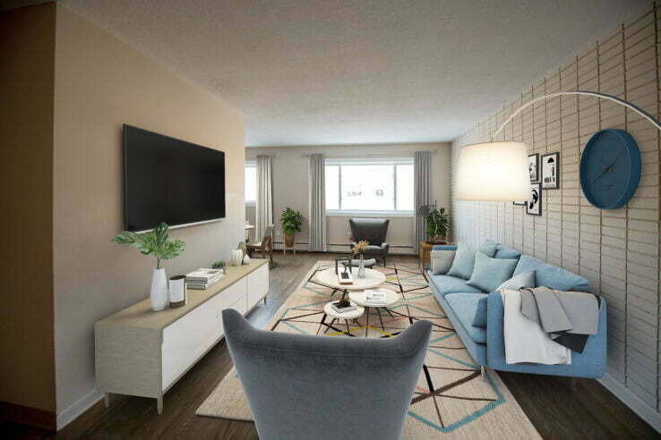 living area in a 1 bedroom unit at Lord Ainslie in Winnipeg, Manitoba