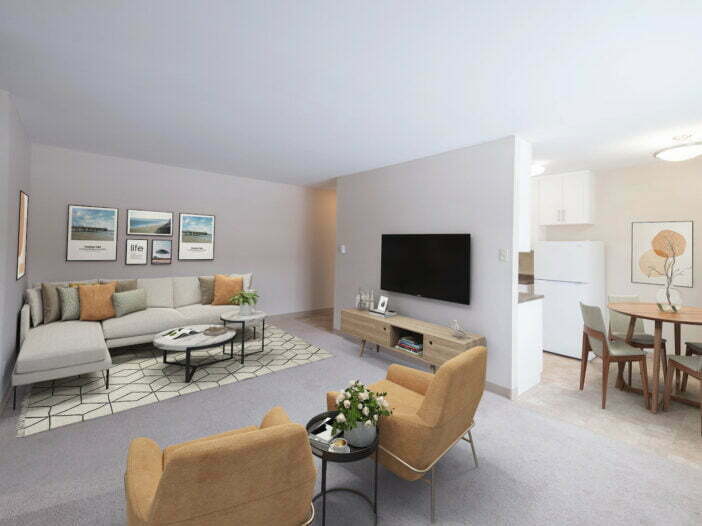 living area, dining area in a 2 bedroom unit at Markie Plaza in Winnipeg, Manitoba