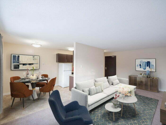 living area, dining area in a 1 bedroom unit at Newdale Apartments in Winnipeg, Manitoba