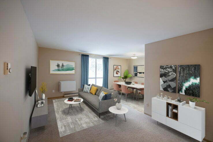 living area, dining area in a 1 bedroom unit at Peppertree Estates in Winnipeg, Manitoba