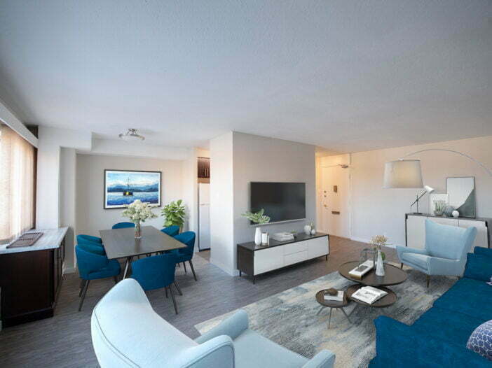 living area in a 2 bedroom unit at Pinewood Place in Winnipeg, Manitoba