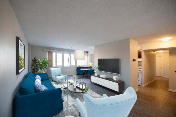 living area in a 2 bedroom unit at Pinewood Place in Winnipeg, Manitoba