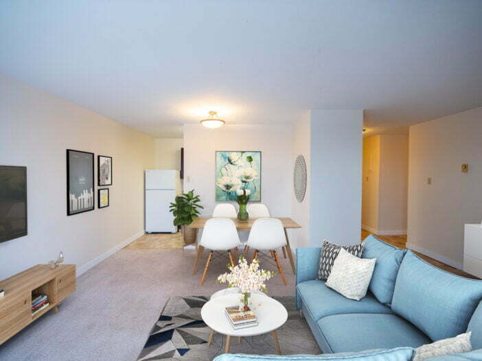 living area in a 2 bedroom unit at Rembrandt Gardens in Winnipeg, Manitoba