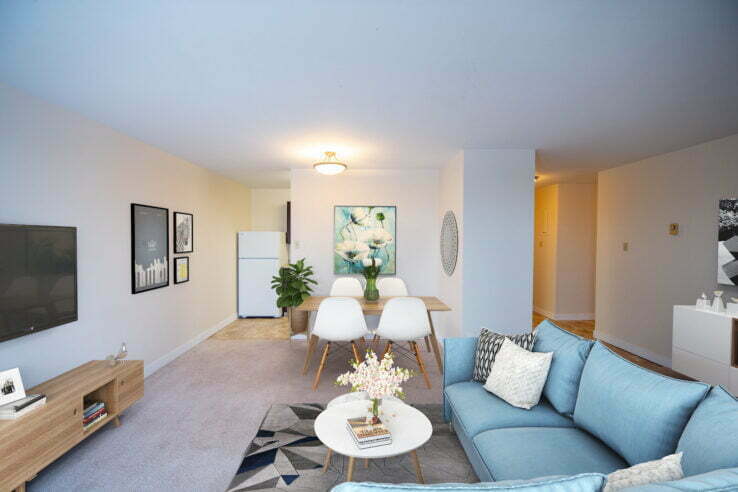 living area in a 2 bedroom unit at Rembrandt Gardens in Winnipeg, Manitoba