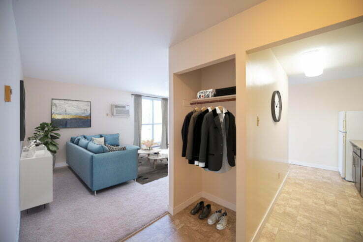 living area, bedroom in a 2 bedroom unit at Rembrandt Gardens in Winnipeg, Manitoba