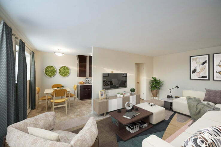 living area, dining area in a 1 bedroom unit at River Clayton Apartments in Winnipeg, Manitoba