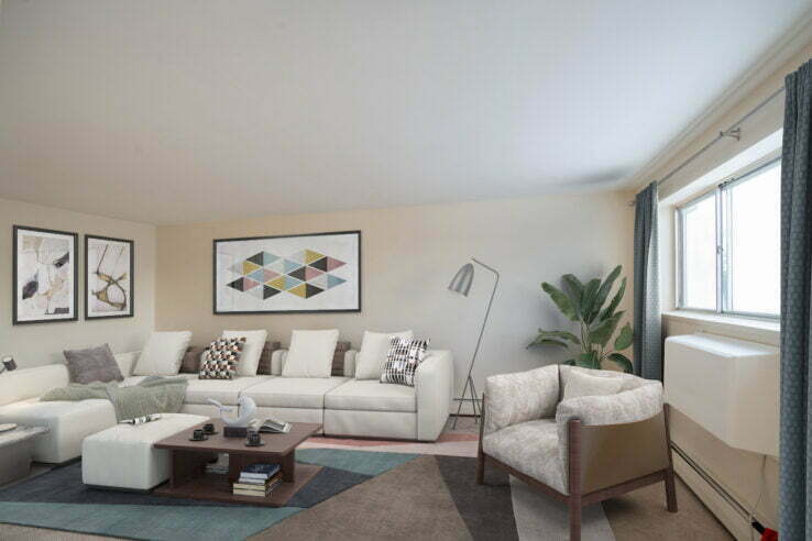 living area in a 1 bedroom unit at River Clayton Apartments in Winnipeg, Manitoba