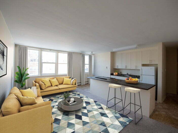 living area, bedroom in a 1 bedroom unit at Strathcona House in Winnipeg, Manitoba