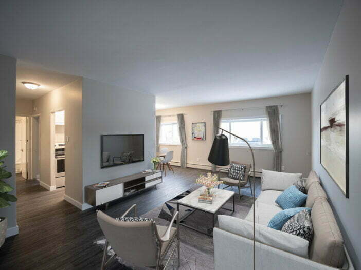 living area in a 1 bedroom unit at Tempest Apartments in Winnipeg, Manitoba